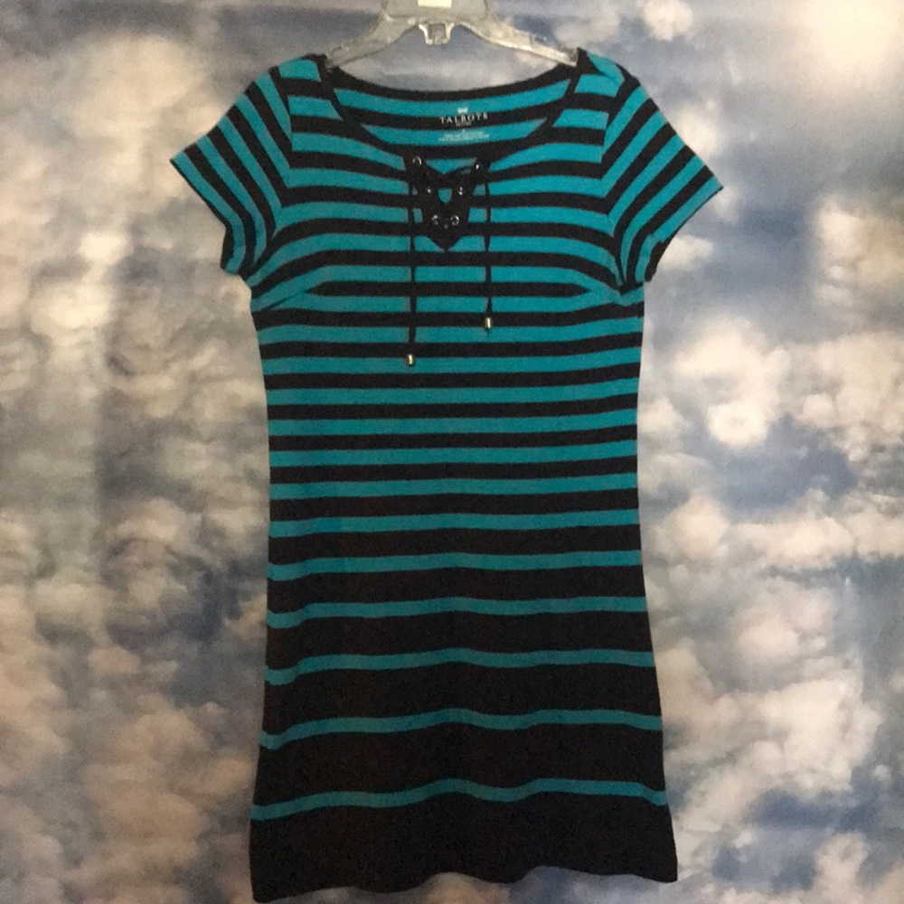 Talbots petites 12/14 blue/black striped dress 100% cotton